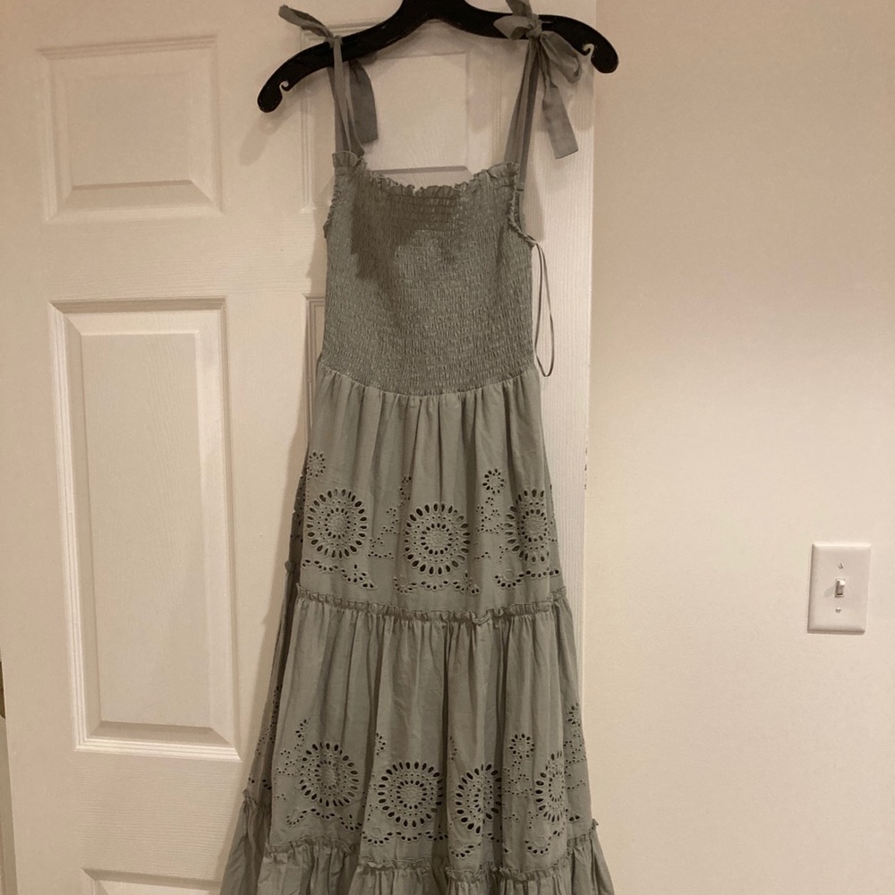 ZARA Openwork Embroidered Smock Dress Khaki Green